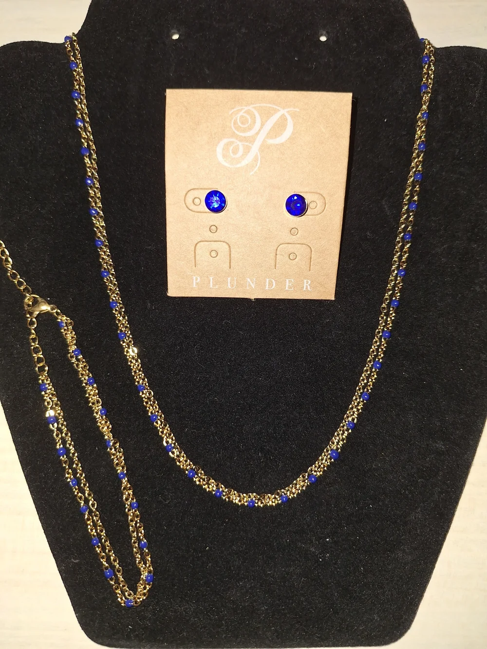 Plunder Gold Double Chain Necklace, Bracelet and Royal Blue Bead Earrings Set